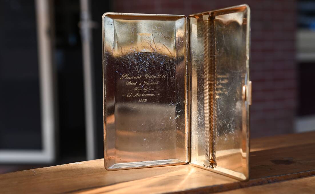 Greg Anderson's 1952 best and fairest award which was a silver 10-cigarette steel holder case. Picture by Mark Jesser