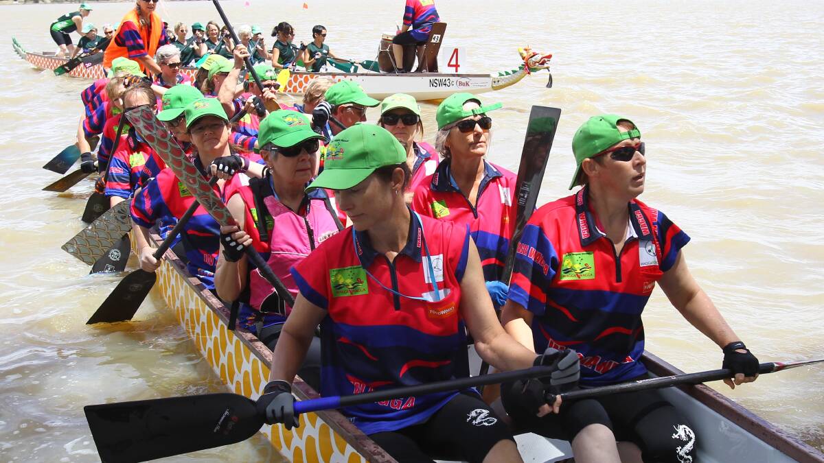 More than 500 people and 10 teams converge on Lake Albert for the third annual Wagga Dragon Boat Challenge. Picture: Les Smith