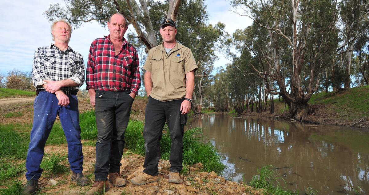 DROWNED OUT: Collingullie farmers John Petterson, Mark Korgitta and Troy Stone fear inundation of their properties because of environmental flows. Picture: Kieren L Tilly