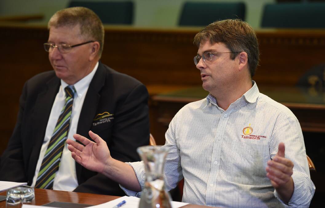 Tamworth mayor Col Murray with Wagga's newly appointed general manager Peter Thompson. Picture: Gareth Gardner