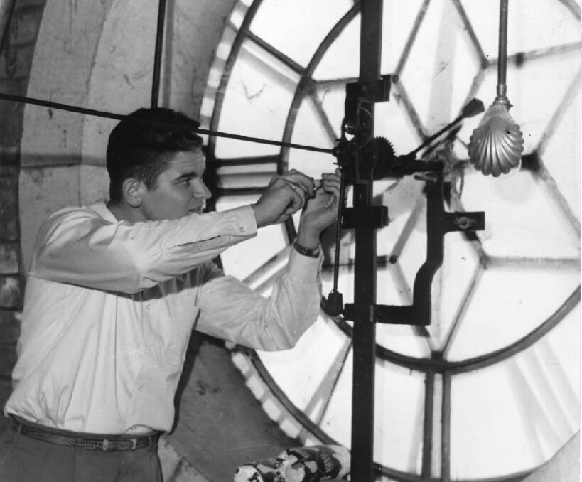 TIME SHIFT: Moving the Wagga Court House clock forward one hour for daylight saving (from the Tom Lennon Collection RW1574/337/1555).