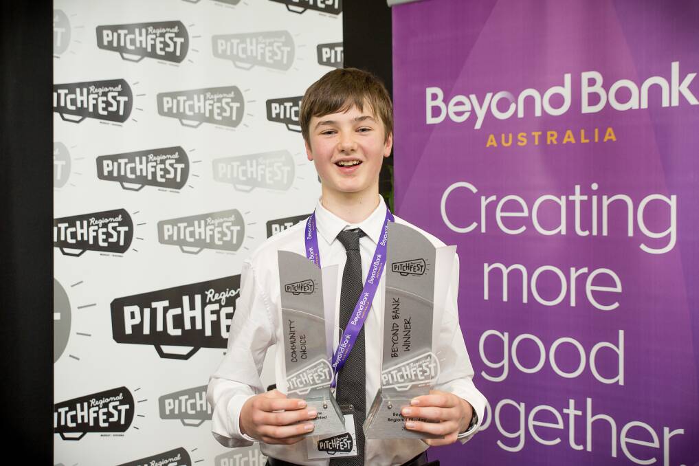 TOP GONG: Michael Nixon, 13, was the big winner in the Regional Pitchfest finals, held at the Civic Theatre on Wednesday night. The Kooringal High School student took home $7500.