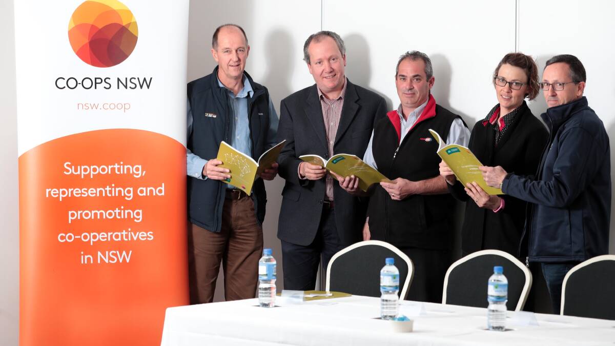 Kevin Salmon of  Riverina Co-Op, secretary of Co-Ops NSW Sam Byrne, Shane Willis of Junee District Co-op, Amanda Lieschke of Walbundrie IGA and Peter Calabria of Yenda Producers.