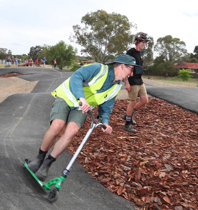 SCOOTIN' ALONG: Wagga City Council's Rob Owers tries out the new pump track. Picture: Kieren L. Tilly