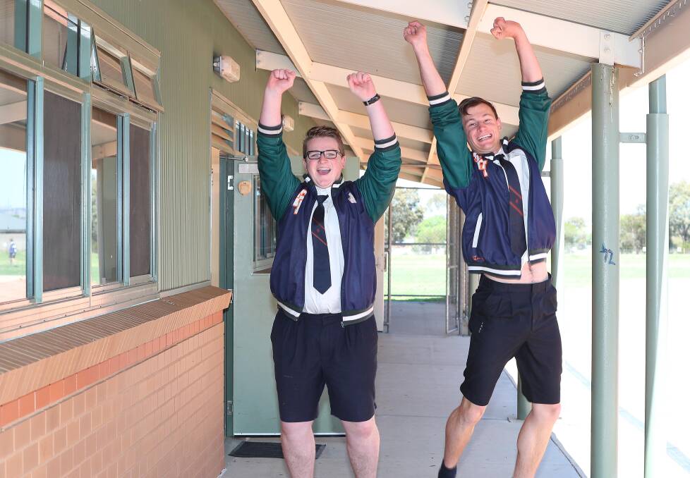 Adam Martin, 17, and Sid Holgate, 18, after the end of their first HSC exam. Picture: Kieren L. Tilly