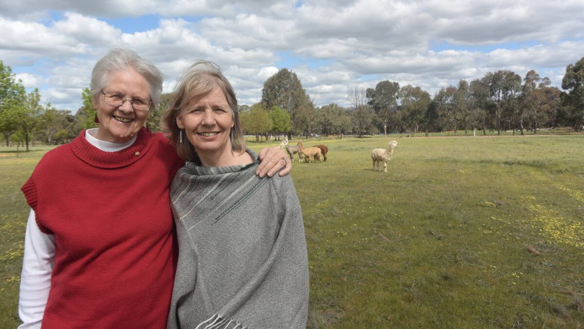 CREATIVE GENES: Roswitha Spence and her daughter Fiona Durman in the paddock that is home to their eight Suri alpacas, one of which provided the yard for the wrap Mrs Durman is wearing.