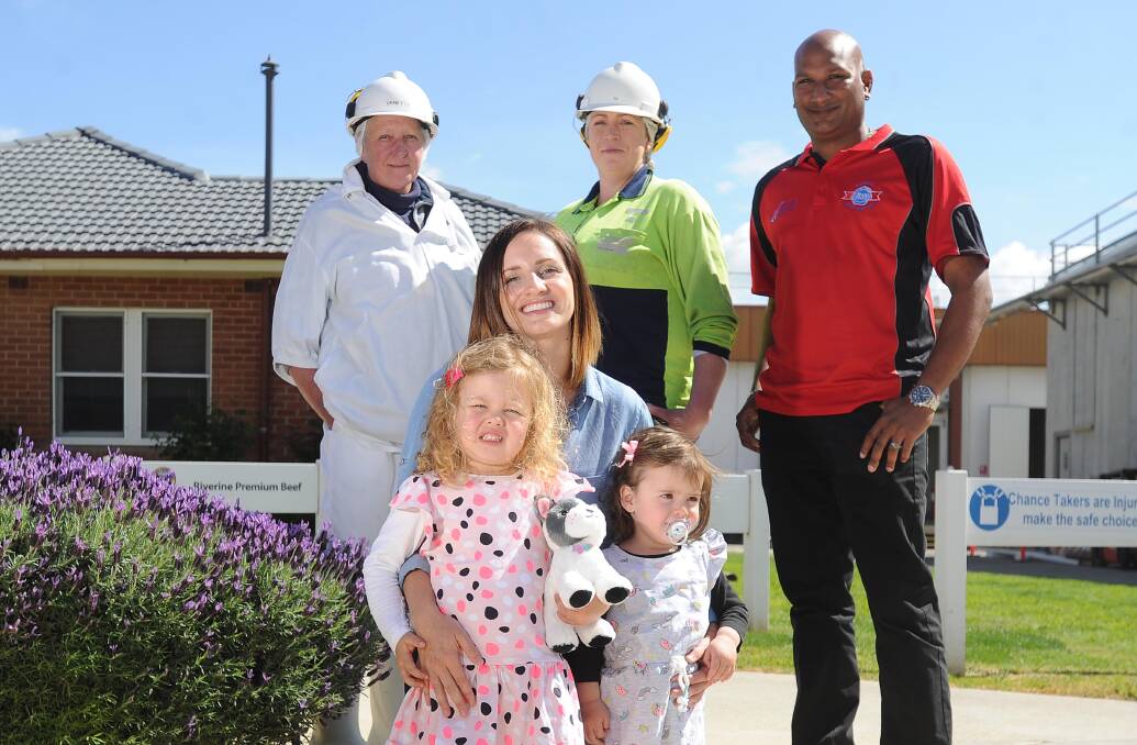 BIG HEARTS: Teys employees Janette Anesbury, Ebony Boland and Steve Seetanna  with Mia Stewart, her mum Leila Bright and sister Andie Stewart. Picture: Laura Hardwick