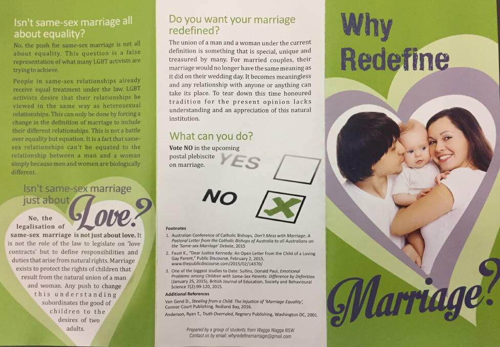 NO CAMPAIGN: The fine print on the anti-marriage equality pamphlet claims it was "prepared by a group of students from Wagga Wagga NSW".