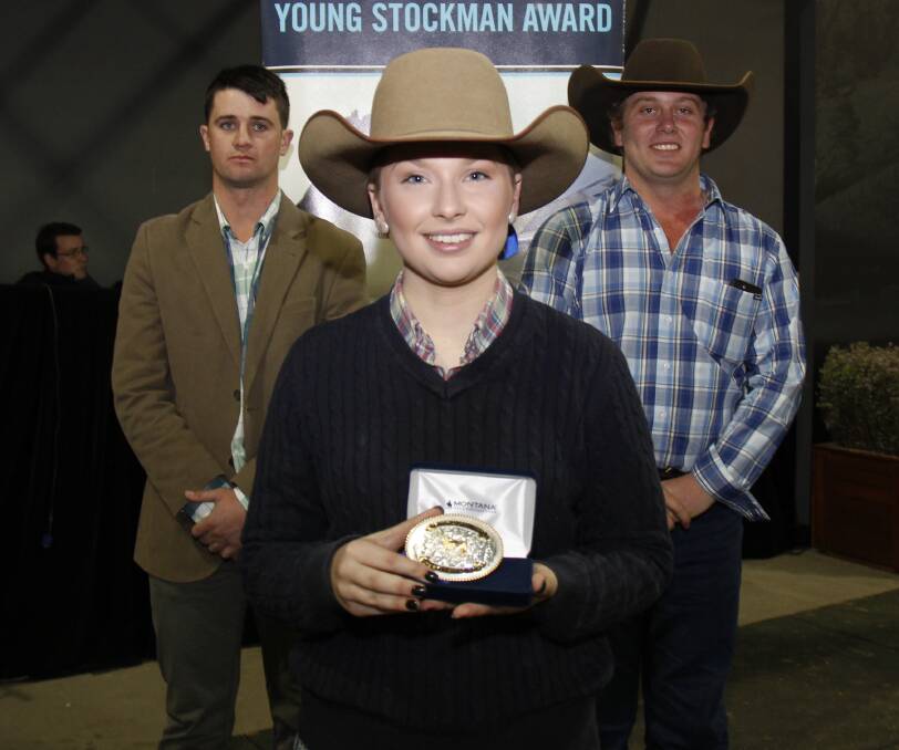 Top prize: Jake Taylor and Josh McRae watch on as Natalie Grylls recieves the Matthew George Young Stockman Award at the Royal Melbourne Show.