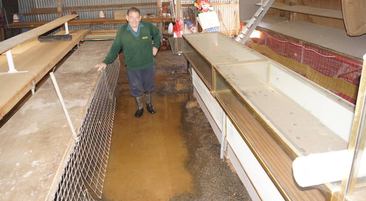 Waterlogged: The Rock show president Jim Payne standing inside the flooded pavilion at The Rock showground. 