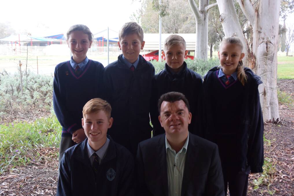Inspiring: Author Robert Hoge with Mater Dei students after his speech Noah Taylor, (back) Claudia Reardon, Isaac Molloy, Angus Curry and Halle Irvine. Students were thrilled and inspired by Mr Hoge's story.