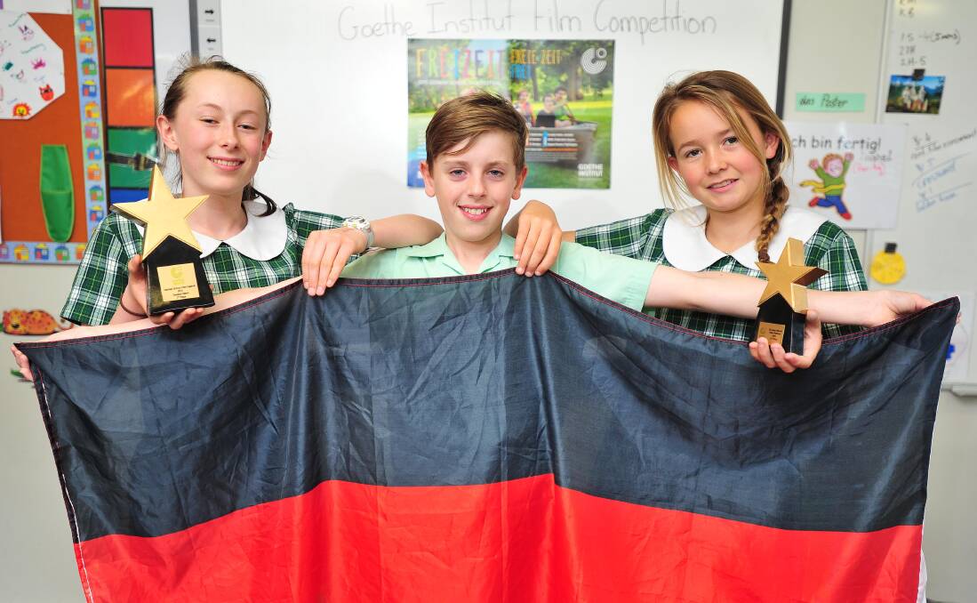 Film stars: Year 6 Lutheran students Mia Bowcher, Joseph Bousfield and Tess Buckley enjoyed writing and filming the short films. Picture: Kieren L. Tilly. 