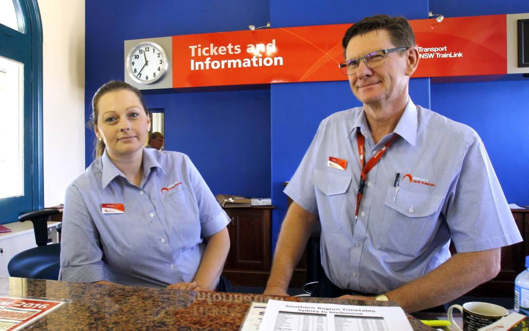 WHISTLE BLOWN: Don Regan and Sheena Gilmour wait for an uncertain future after being laid off from Wagga Railway Station as part of massive transport reforms. Picture: Les Smith.