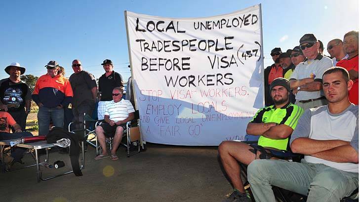 Out of work tradies picket against the use of 457 visa workers in 2013. 