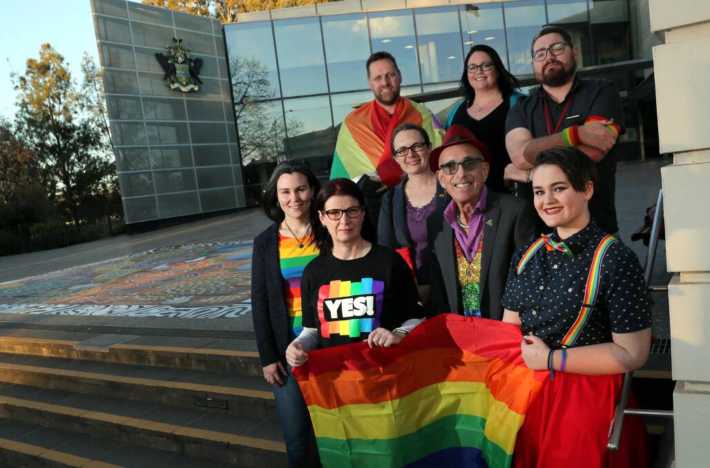 CAMPAIGNERS: Steve and Kat van der Wijngaart, Patrick Flynn, Melanie Renkin, Emily Marsh, Victoria Edwards, Ray Goodlass and Zara van der Wijngaart asked Wagga City Council for support during the same-sex marriage postal vote but were ultimately denied. Picture: Les Smith.