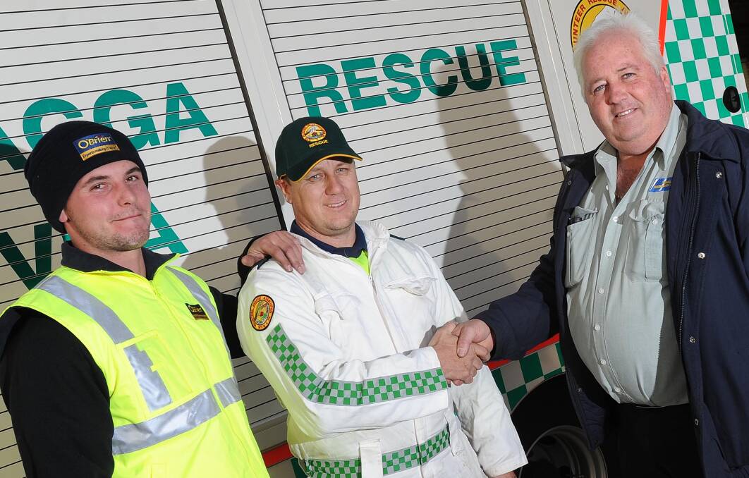 SUPPORT: Wagga Rescue Squad captain Tim Lidden with Jordan Fietz from O'Brien's and Neil MacLean from the Windscreen Doctor. Picture: Laura Hardwick.