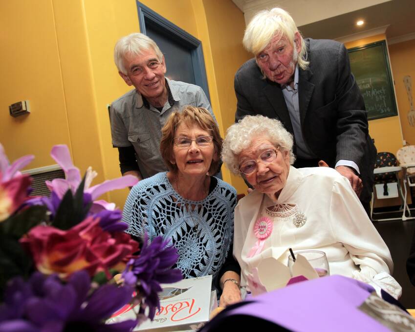 FOND MEMORIES: Lenny Kschenka (right) pictured with his brother Neville, sister Jan Anthony and mother Elsie Kschenka at Elsie's 102nd birthday at the Royal Hotel Coolamon in 2016. Picture: Les Smith 

