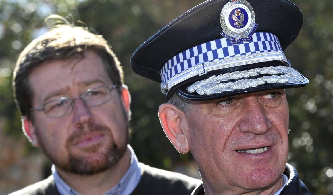 MORE POLICE: Police Minister Troy Grant and Police Commissioner Andrew Scipione in Wagga. Picture: Les Smith