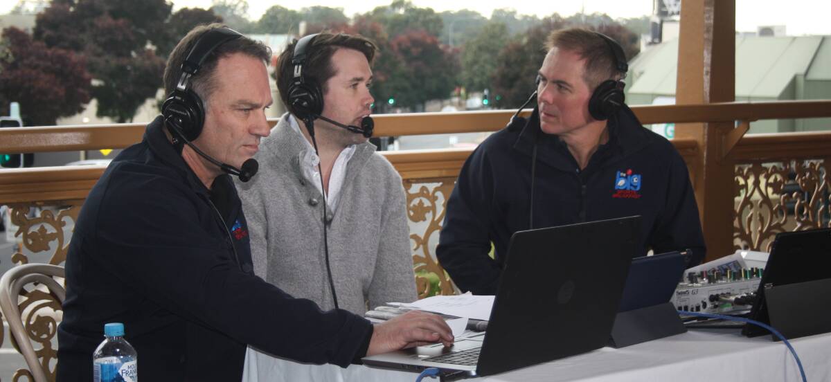 GOLD CUP BROADCAST: Big Sports Breakfast radio presenters Michael Slater (left) and Terry Kennedy (right) interview Union Club Hotel licensee Pat McRedmond. Picture: Ken Grimson