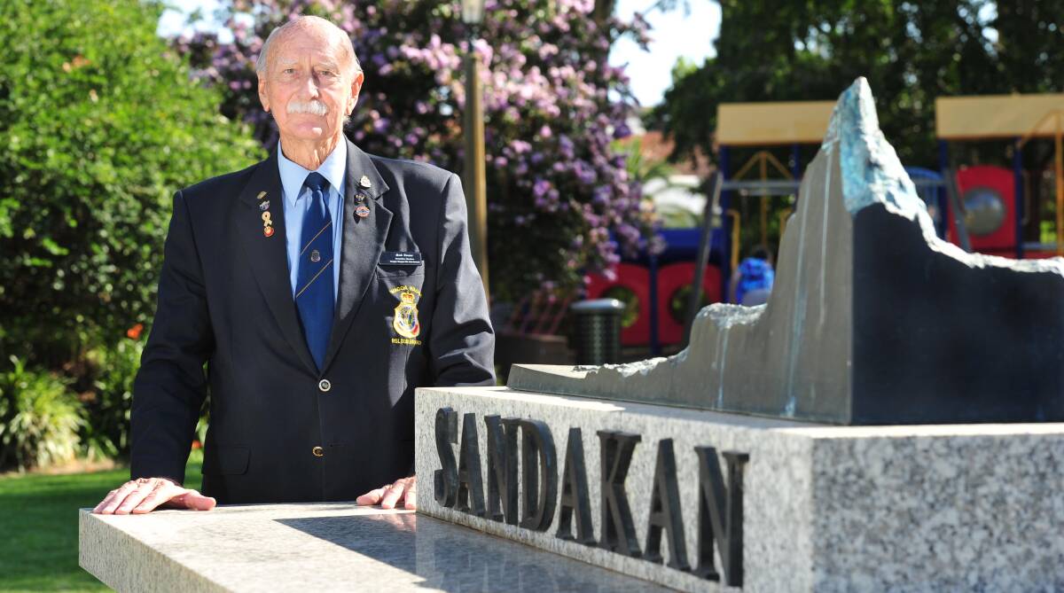 FALL OF SINGAPORE: Bob Toose at the Sandakan Memorial in Wagga's Victory Memorial Gardens where today's service will be held at 11am. Picture: Kieren L Tilly