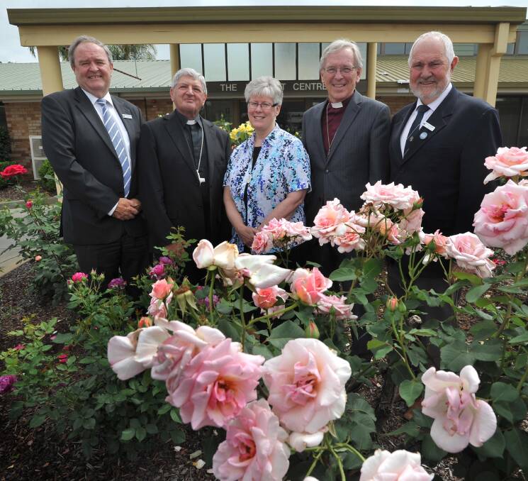 TOGETHER WE CARE: At the launch of the public appeal to raise money to build a palliative care hospice in Wagga are, from left: Peter Fitzpatrick, Bishop Gerard Hanna, Sister Bernadette Fitzgerald, Bishop Trevor Edwards and mayor Rod Kendall. Picture: Les Smith