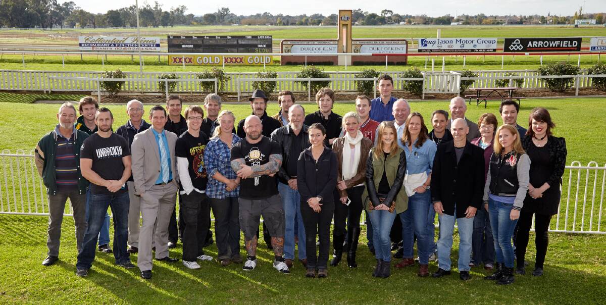 OFF AND RACING: Some of the cast and crew of Stakes at the Wagga racecourse during filming of the movie. Picture: Contributed