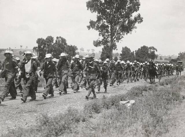 ON THE MARCH: The original Kangaroos on the march through the Riverina. Picture: Australian War Memorial.