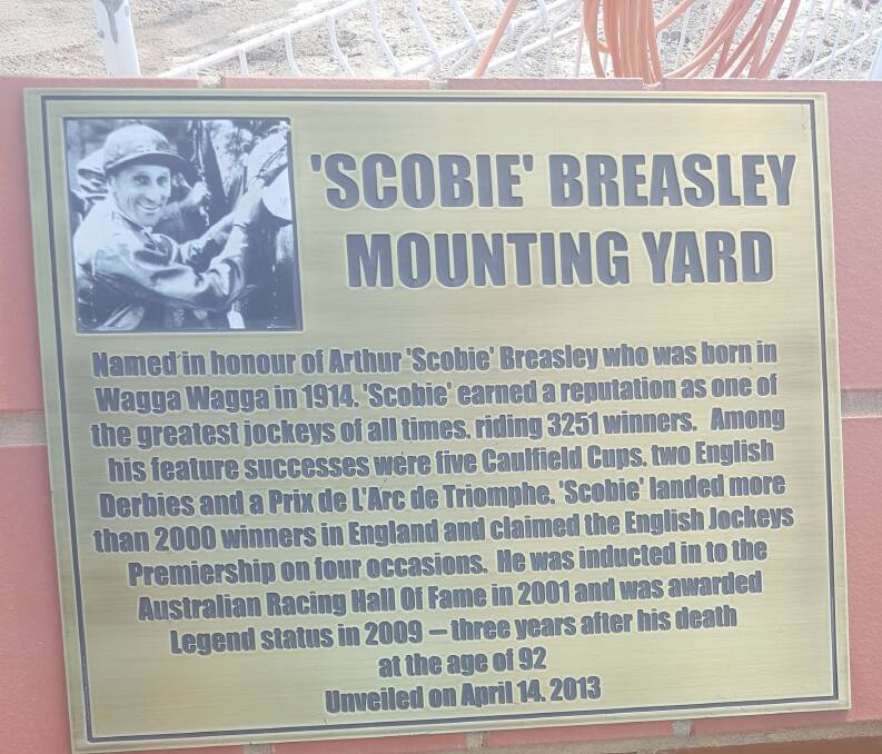 The plaque dedicating the Scobie Breasley mounting yard at the Wagga racetrack.