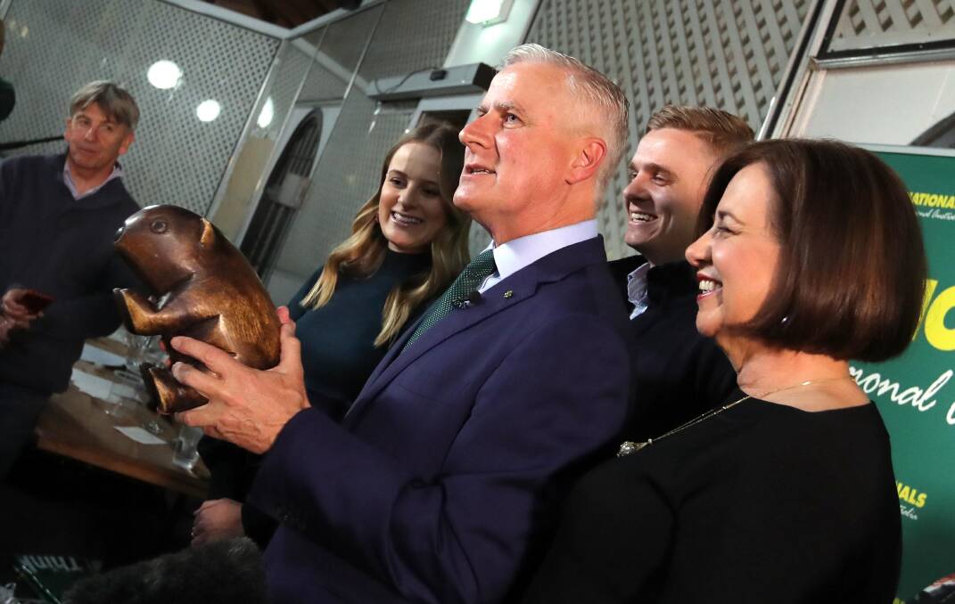 BACK IN OFFICE: Michael McCormack, with his family and the National Party 'Wombat Trail' election mascot, declares victory in Riverina on the night of the 2019 federal election, which also saw his party return to power.