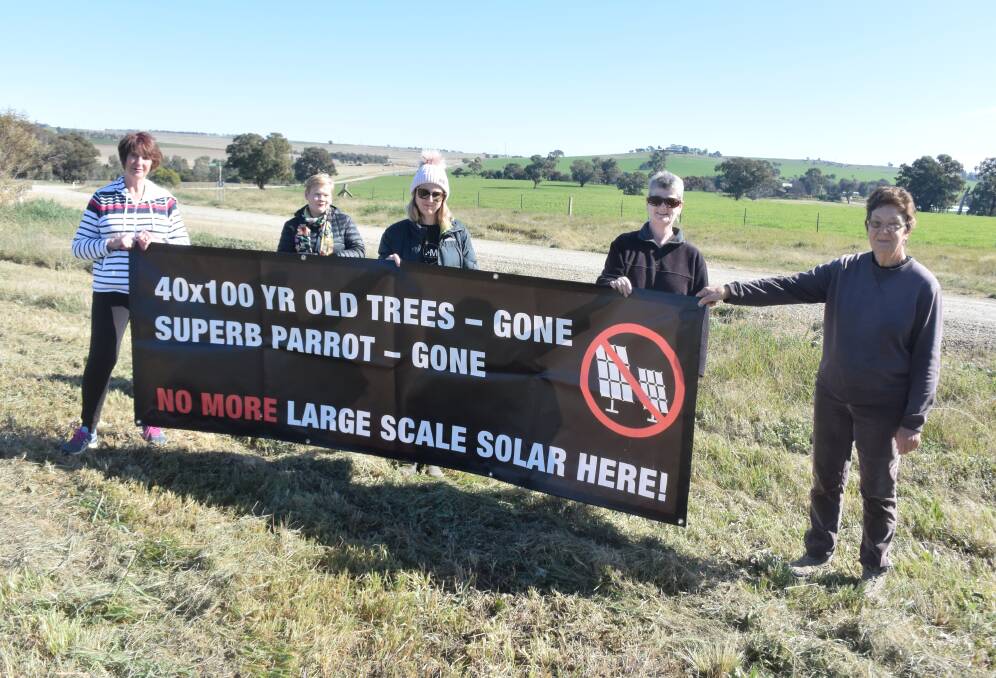 PROTEST: Eunony Valley Association's Wendy Anderson, Cathie O'Kane, Katie Howard, Sue White and Jan Pollard oppose the new solar farm on Windmill Road, to be located in the background on the left. Picture: Rex Martinich