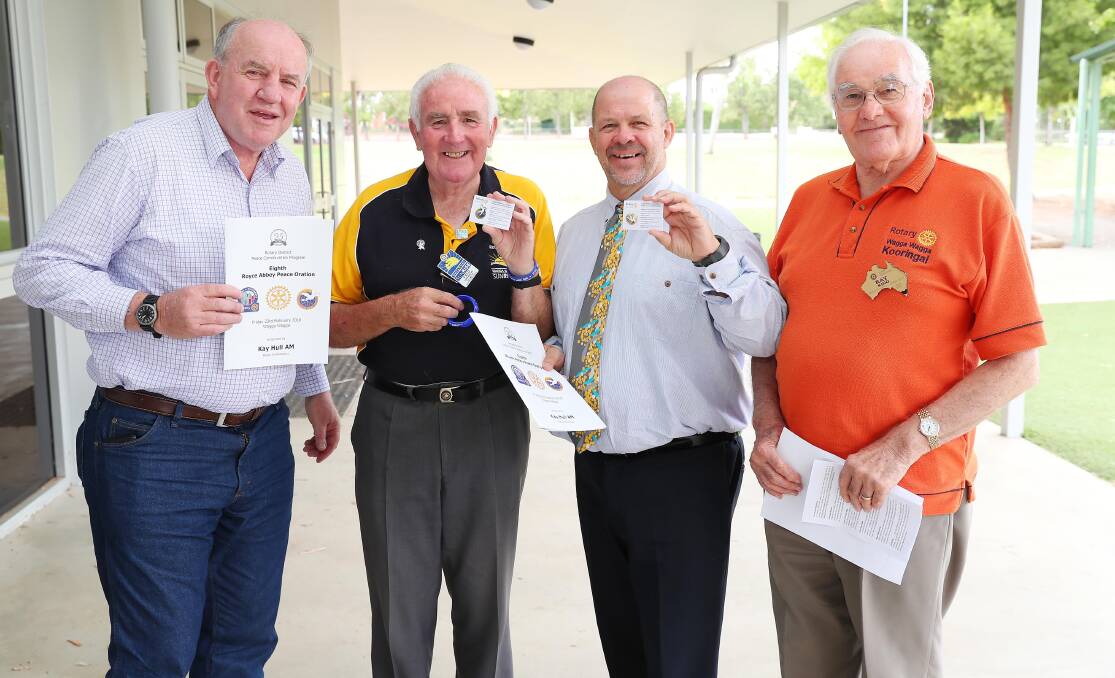 FIGHTING FOR CHANGE: Former police officer Terry O'Connell, Rotary District Peace Committee chairman Fred Loneragan, Rotary District Governor George Weston and guest presenter Ray King. Picture: Kieren L Tilly 