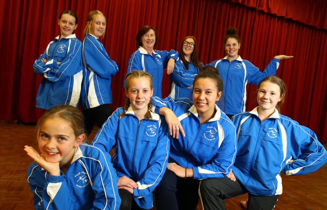 Wagga dancers off to BJP 125 year spectacular. (L) front, Alexandra Wallace, 9, Mackenna Lange, 11, Angela Bryon, 17, Grace Pitchford, 13... back (L) Amber McGettigan, 14, Abbey Lange, 15, Linda Mee and Grace Juhasz (ladies class), Tiarn Wilesmith, 14. Absent is Shanika McLachlan, 13. Picture: Les Smith

