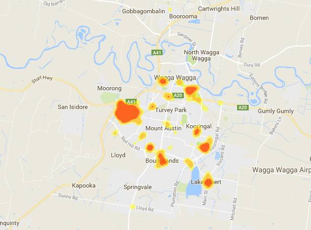 CAR THEFTS: A map showing where cars are being stolen from across Wagga, revealing Ashmont as the largest hotspot with 185 cars stolen between December 2016 and 2017. 