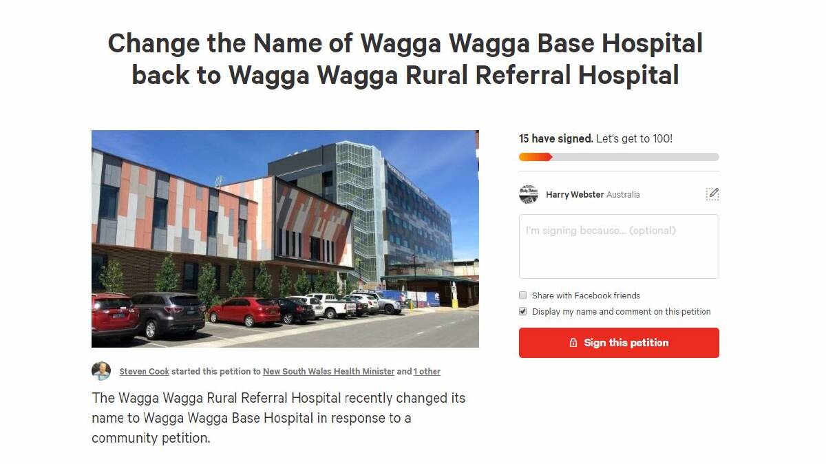 BANTER: Wagga resident Steven Cook has put together a tongue-in-cheek petition to reverse the decision to change the hospital name. 