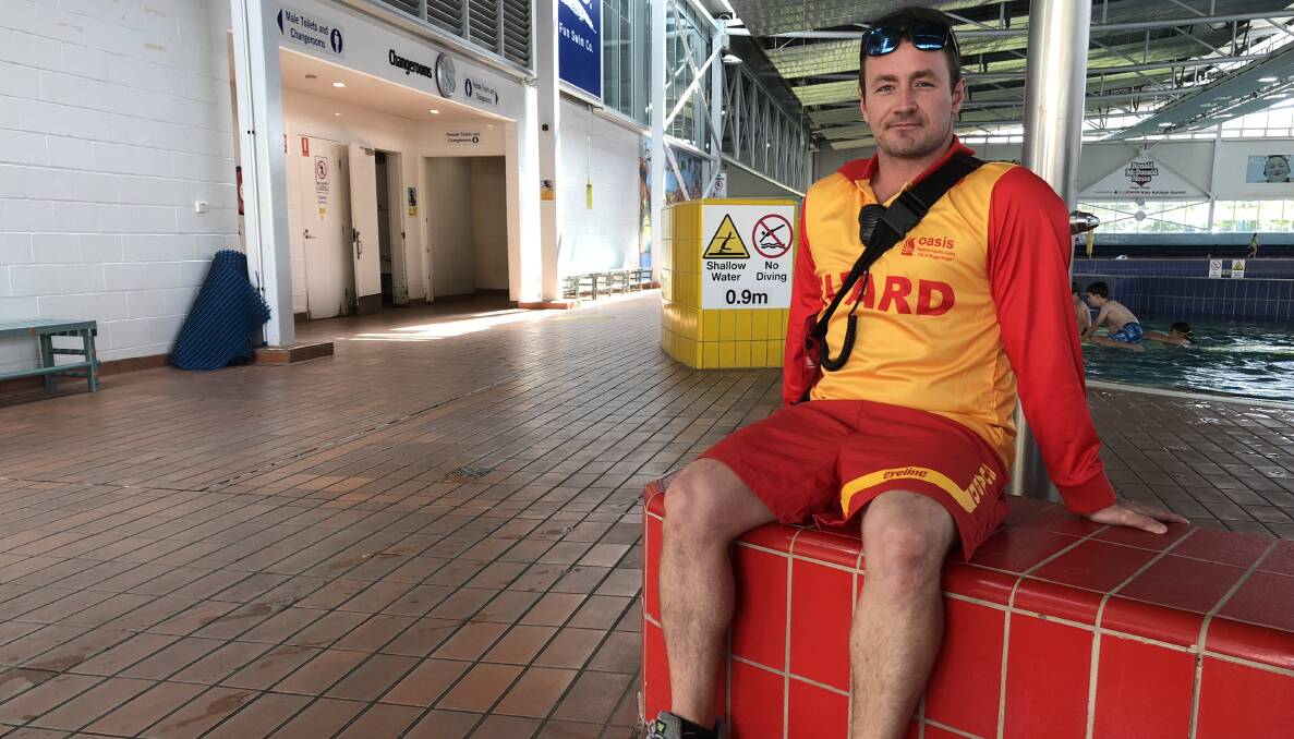 READY FOR REVAMP: Senior lifeguard Phil Stone marks out the indoor terracotta tiling set to be replaced at the Oasis Centre in 2018. 
