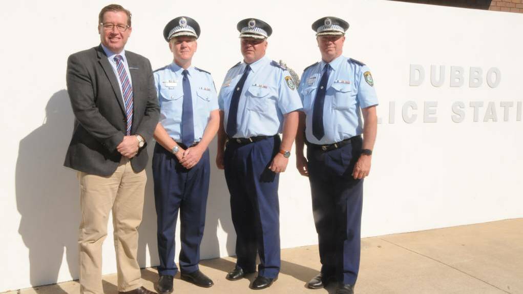 RESTRUCTURES IN PLACE: NSW Police Minister Troy Grant with Commissioner Mick Fuller, Deputy Commissioner Gary Worboys and Western Region Commander Geoff McKechnie during a recent visit to Dubbo.