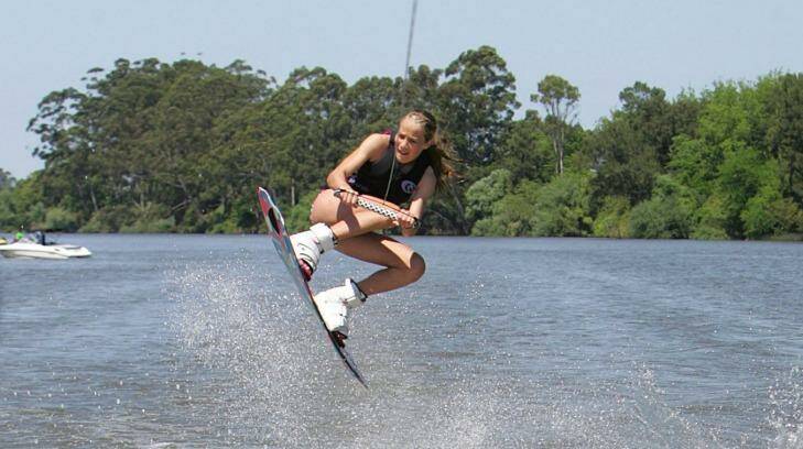 Aerial combat: Courtney Nevin, 13, wakeboarding on the Hawkesbury River. Photo: Jeff Darmanin