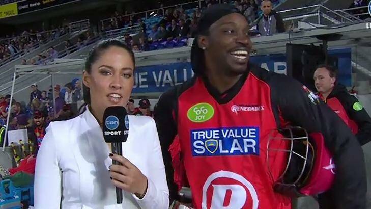 Chris Gayle makes his infamous remark to Mel McLaughlin. Photo: Channel Ten