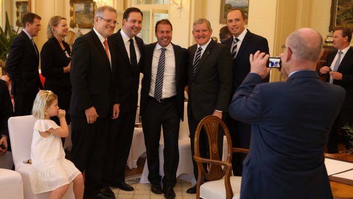 Scott Morrison, Steve Ciobo, Josh Frydenberg, Ian Macfarlane and Peter Dutton pose for a picture prior to the ceremony. Photo: Andrew Meares