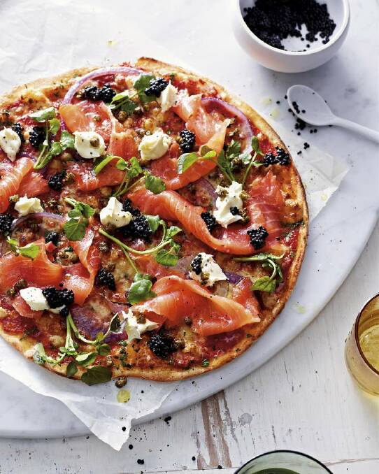 Pete Evans's pizza with smoked salmon, caviar and mascarpone <a href="http://www.goodfood.com.au/good-food/cook/recipe/pizza-with-smoked-salmon-caviar-and-mascarpone-20120627-29twr.html"><b>(recipe here).</b></a> Photo: Supplied