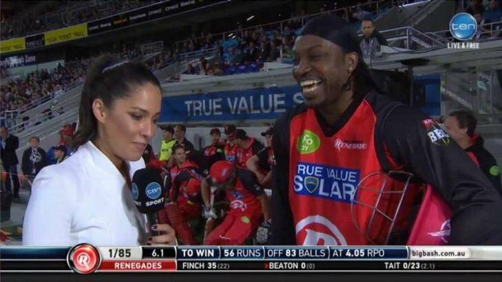Don't blush baby: Mel McLaughlin's interview with Chris Gayle. Photo: Channel Ten