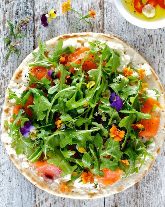 Jill Dupleix's salad pizza <a href="http://www.goodfood.com.au/good-food/cook/recipe/salad-pizza-20150119-3oelf.html"><b>(recipe here).</b></a> Photo: Edwina Pickles