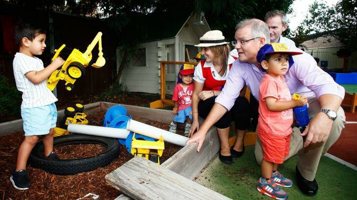 "There are better and fairer ways that benchmark pricing can be achieved": Social Services Minister Scott Morrisonvisits "Kinderoos" childcare centre in Bexley North. Photo: Daniel Munoz