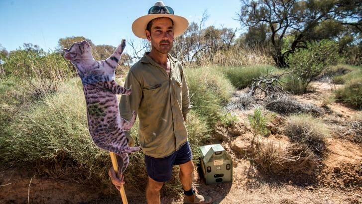 John Read with the "grooming trap" he designed to control feral cats. Photo: Justin McManus