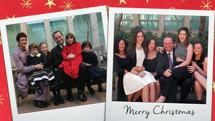 The 2015 Christmas card that Barnaby Joyce will be mailing out which shows him and his family in 1995 on a bench outside Parliament House and a re-enactment photo shot this year. Photo: Supplied