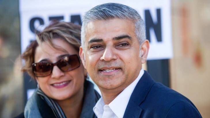 Sadiq Khan, the Labour Party candidate for London mayor, and his wife Saadiya Khan. Photo: Simon Dawson