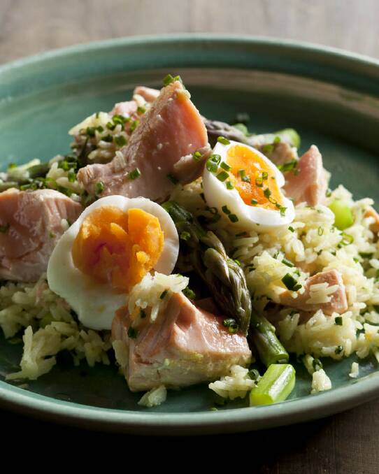Frank Camorra's spring pilaf with asparagus, salmon and egg <a href="http://www.goodfood.com.au/good-food/cook/recipe/spring-pilaf-with-asparagus-salmon-and-egg-20120901-29tt5.html"><b>(recipe here).</b></a> Photo: Marina Oliphant