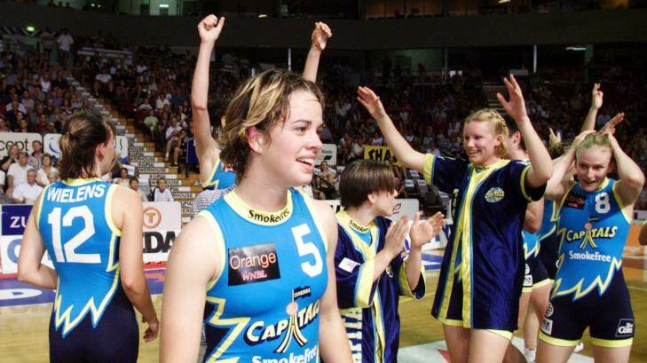 Kristen Veal after the Capitals' first WNBL title in 2000. Photo: Peter Mathew