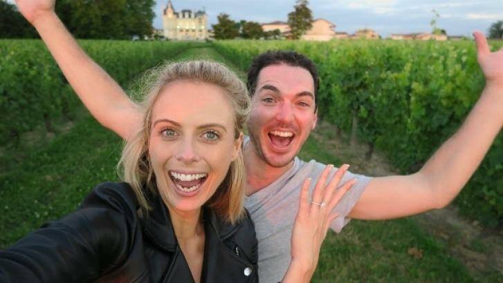 Sylvia Jeffreys and Peter Stefanovic became engaged after he proposed at a French vineyard. Photo: Instagram @sylviajeffreys