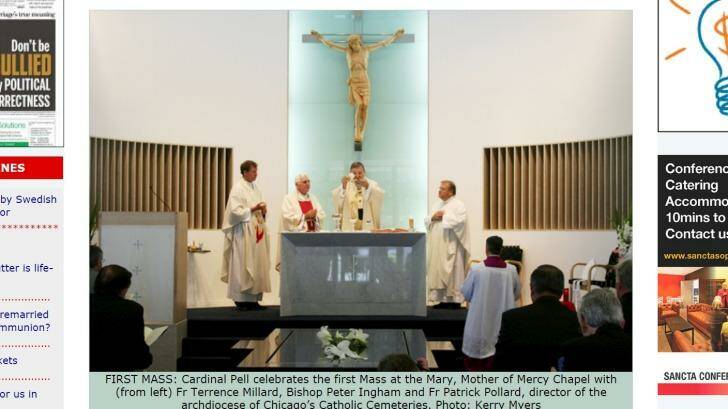 FIRST MASS: Cardinal Pell celebrates the first Mass at the Mary, Mother of Mercy Chapel with (from left) Fr Terrence Millard, Bishop Peter Ingham and Fr Patrick Pollard, director of the archdiocese of Chicago?s Catholic Cemeteries Photo: supplied